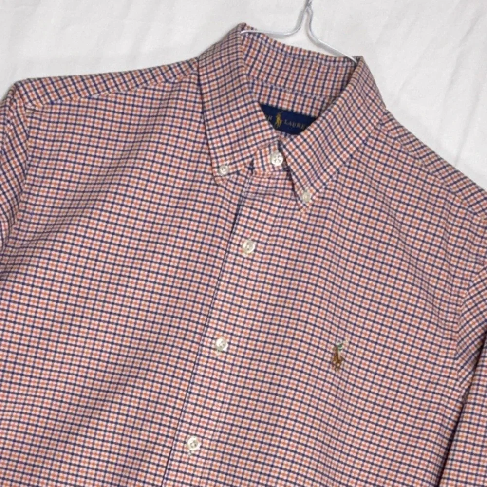 Ralph Lauren Mens Button Down‎ Shirt Orange Blue Plaid Embroidered Pony Size M